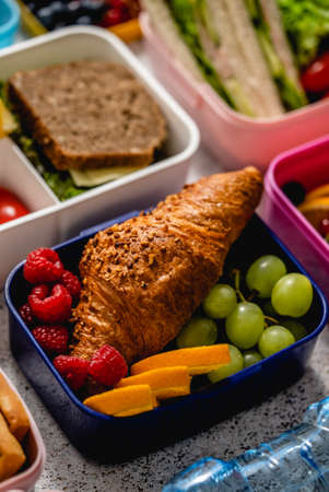 Various of Healthy lunch boxes. Pack for school set in plastic packageの写真素材