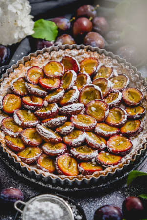 Homemade delicious plum tart with with sugar powder placed on the tableの写真素材