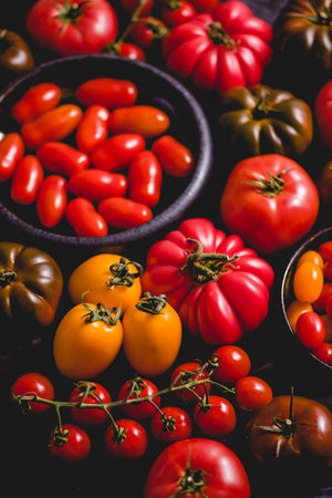 Tomatoes on the table. Tomatoes of different varietiesの写真素材