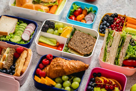 Various of Healthy lunch boxes. Pack for school set in plastic packageの写真素材