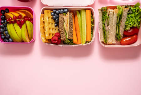 Healthy lunch to go. Sandwitches, Fruits and vegetables packed in lunch boxの写真素材