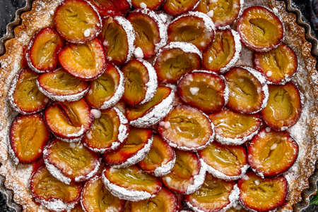 Close up shot of Homemade delicious plum tart with with sugar powder placed on the tableの写真素材