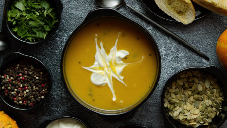 Homemade pumpkin soup with cream and sides. Top view image at stone tableの写真素材