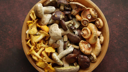 Various kinds of assorted raw mushrooms placed in wooden bowlの写真素材