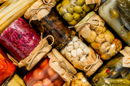 Glass jars of various preservations. Seasonal tasty vegetablesの写真素材