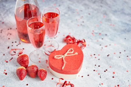 Bottle of rose champagne, glasses with fresh strawberries and heart shaped giftの写真素材