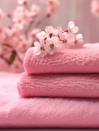 A beautiful, soft stack of pink towels bathed in natural lightの写真素材