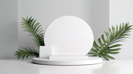 White backgrounds with palm leafs and white stone podiumの写真素材