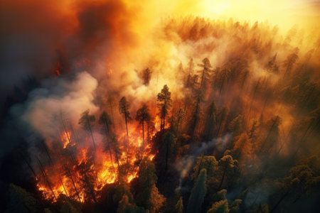 Flames devouring forest in a raging, destructive wildfireの写真素材