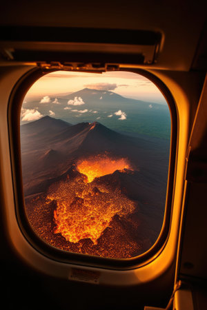 Volcanic terrain through airplane windowの写真素材