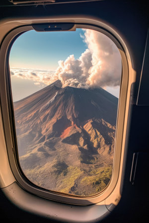 Smoking volcano through plane windowの写真素材