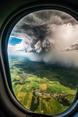 Heavy cloud above green valley from airplaneの写真素材