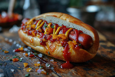 Classic tasty hotdog with some extrasの写真素材