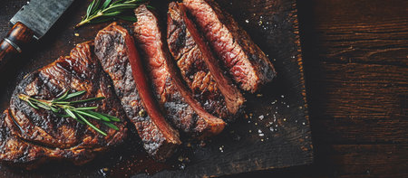 Grilled top sirloin or cup rump beef meat steak on wooden boardの写真素材