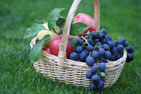 Grapes and apples in the basket の写真素材