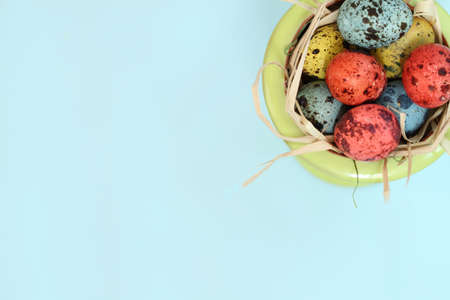 Spotted eggs on blue background with space for textの写真素材