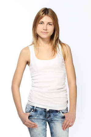 Portrait of young beautiful blond girl in casualの写真素材