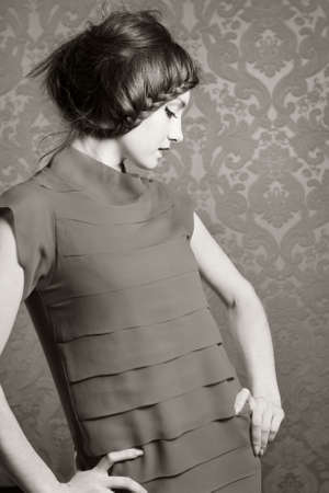 Portrait of the beautiful stylish brunette woman. Black and whiteの写真素材
