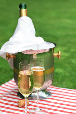 Champagne being poured at a summer picnicの写真素材