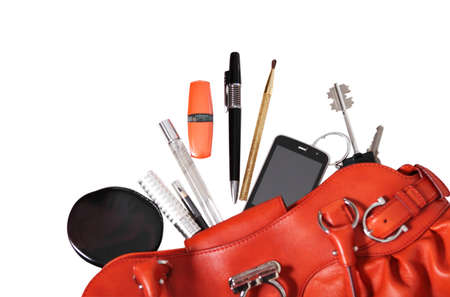 Red bag with typical woman things and accessoriesの写真素材