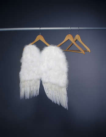 Wooden hangers and white wings on the blue backgroundの写真素材