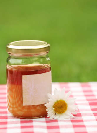 Jar of honey  with daisy against nature backgroundの写真素材