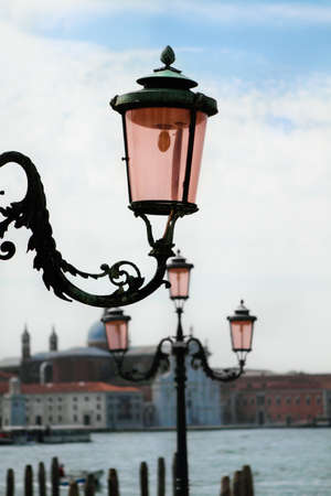 Grand Canal Scene with close up of street lights, Venice, Italyの写真素材