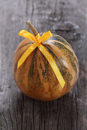 Pumpkin decorated with ribbon on the wooden backgroundの写真素材