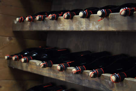 Bottles of red wine in rows in wine cellar