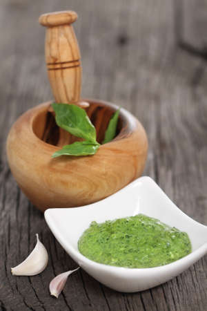 Italian pesto with garlic, olive oil and basilの写真素材