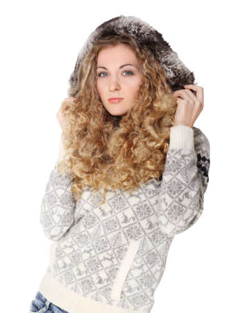 Portrait of the beautiful blond girl with curly hairの写真素材