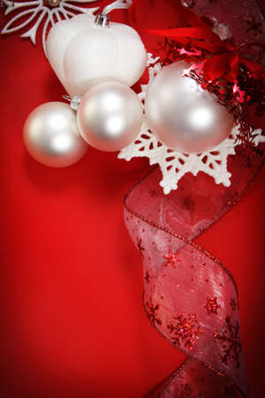 Christmas card with Christmas ribbon and Christmas balls. Paper with decorations and copy spaceの写真素材