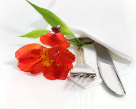 Decorative table setting with red orchid flowerの写真素材