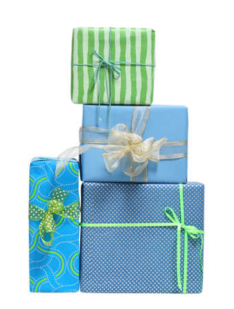 Boxs tied with a ribbon bow. A gift for Christmas, Birthday, Wedding, or Valentine's day. Isolated on white の写真素材