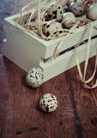 Spotted eggs on wooden background with space for textの写真素材