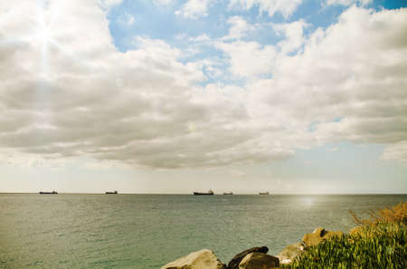 Large cargo ships at sea, vintage backgroundの写真素材