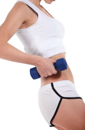 Sporty woman with blue barbells on white backgroundの写真素材