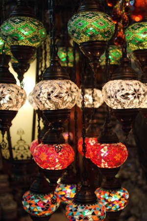 Traditional vintage Turkish lamps over light background in the nightの写真素材