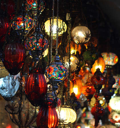 Traditional vintage Turkish lamps over light background in the nightの写真素材