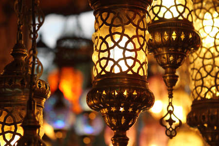 Traditional vintage Turkish lamps over light background in the nightの写真素材