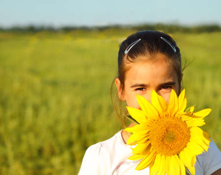 Portrait of a cute little girl hiding behind sunflower on sunny dayの写真素材