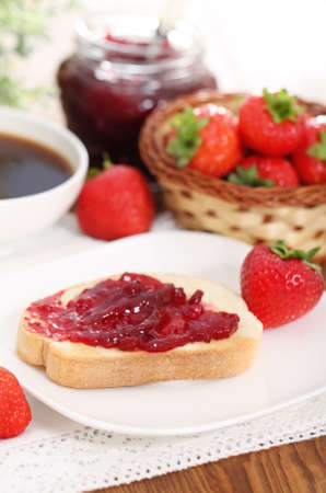 Tasty fresh breakfast with strawberry in the sunny morningの写真素材