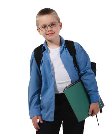 Schoolchild in glasses against white blackboardの写真素材