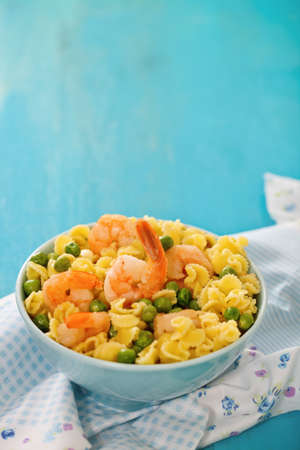 Shrimp salad with green pea and spaghetti. Copy spaceの写真素材