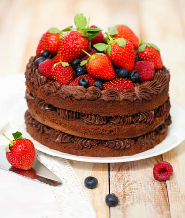 Chocolate cake with icing and fresh berry on light background