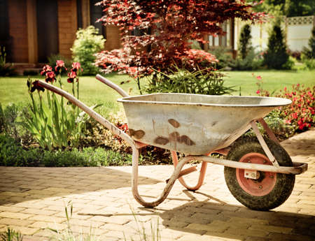 Retro wheelbarrow stored in the summer garden