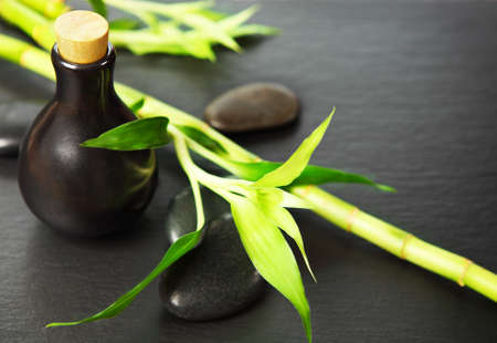 Zen basalt stones, bottle with massage oil and bamboo on the black backgroundの写真素材