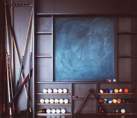 Closeup shot of stand with billiard equipment with copy spaceの写真素材