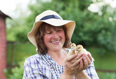 Middle age woman with yellow ducklings outdoors at green nature backgroundの写真素材