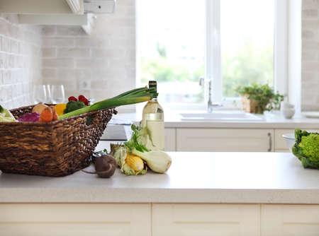 Classical white kitchen at home with healthy foodの写真素材